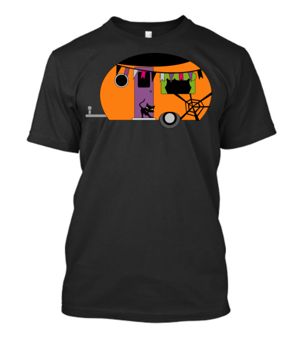 Halloween Black Cat Camper With Bunting And Spider Web T-Shirt