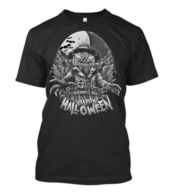Happy Halloween Pumpkin Scarecrow Full Moon Ravens Cornfield T-Shirt
