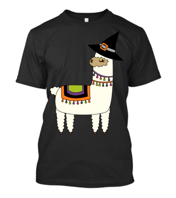 Llama With Witch Hat And Colorful Blanket For Halloween T-Shirt