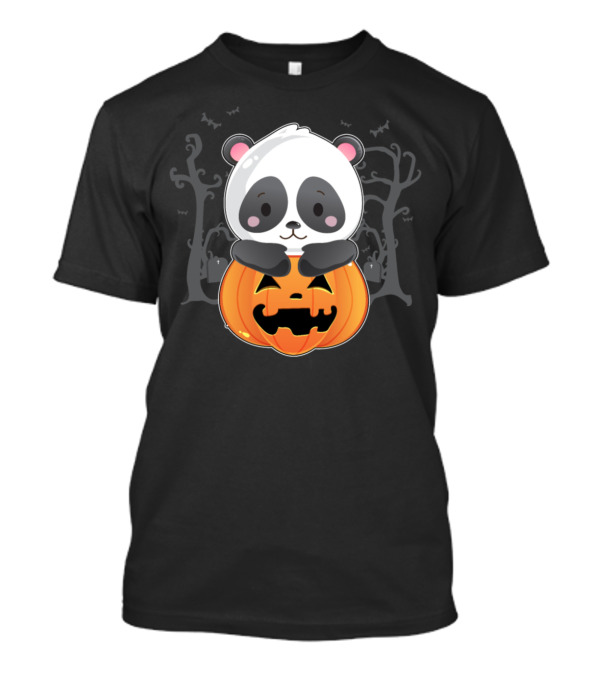 Spooky Halloween Panda Holding Carved Pumpkin With Haunted Trees And Bats T-Shirt