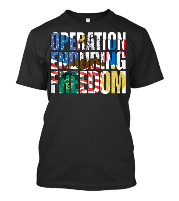 Operation Enduring Freedom OEF Veteran American Flag Eagle Statue Of Liberty Badge T-Shirt