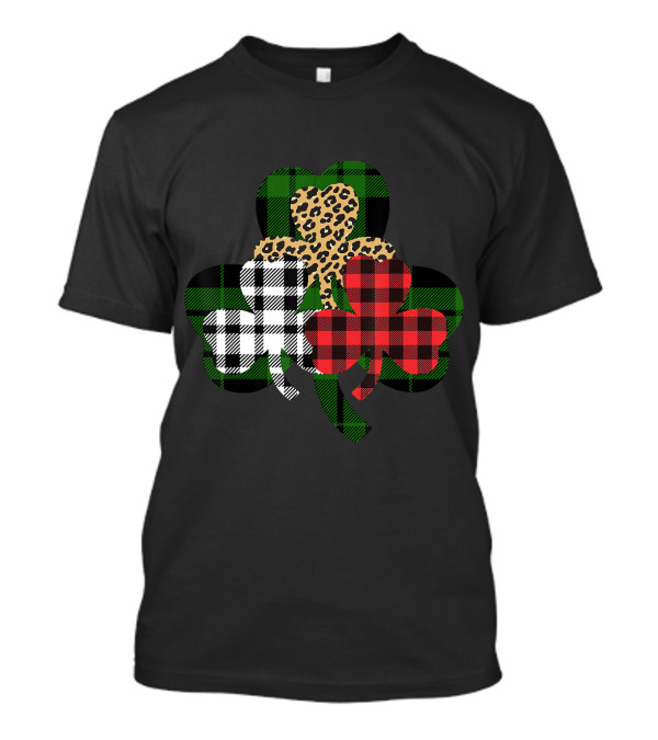 Buffalo Plaid St Patricks Day Womens Leopard Shamrock Trio T-Shirt
