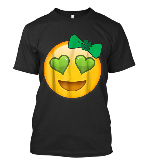 Saint Patricks Day Emoji With Green Heart Eyes And Shamrock Bow T-Shirt
