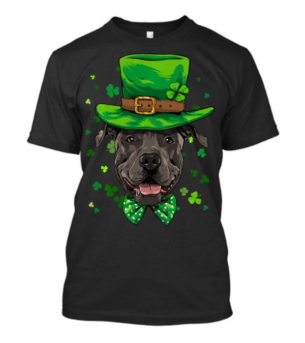 Pit Bull Leprechaun St Patricks Day Dog Hat Clover Bowtie T-Shirt