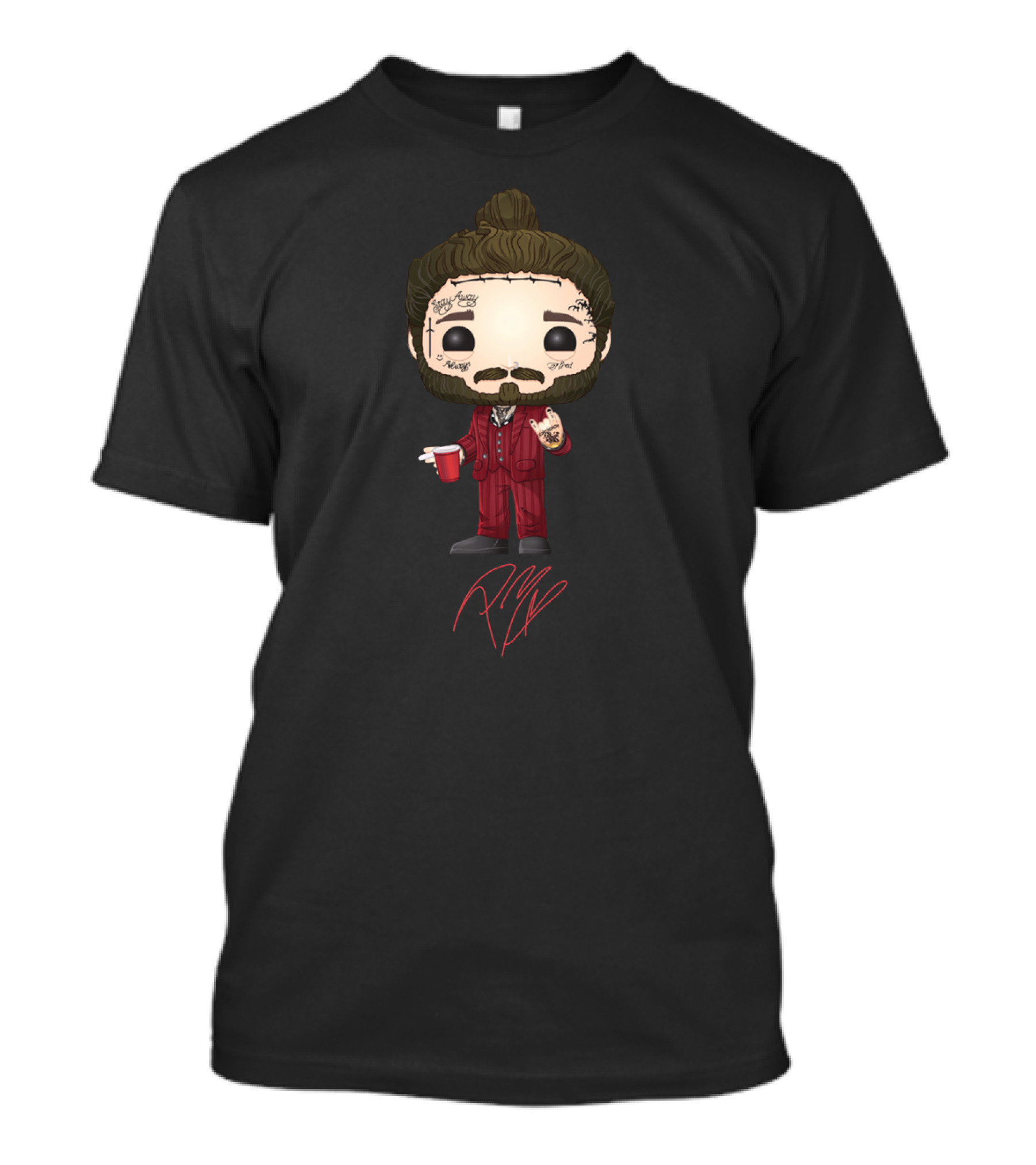 Post Malone Funko Pop Style Character With Tattoos And Red Suit Holding Cup T-Shirt