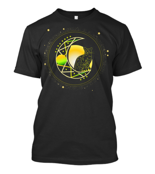 Cat On Geometric Crescent Moon Surrounded By Stars T-Shirt