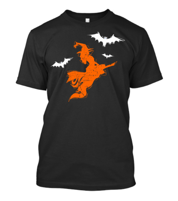Orange Witch Flying With Bats Halloween Costume Present T-Shirt