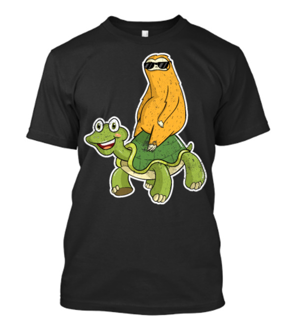 Cool Sloth With Sunglasses Riding On Cheerful Tortoise T-Shirt