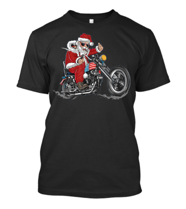 Santa Claus Riding American Flag Motorcycle T-Shirt