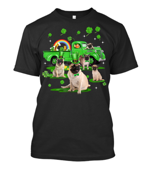 Leprechaun Rainbow Truck With Pugs And Shamrocks T-Shirt