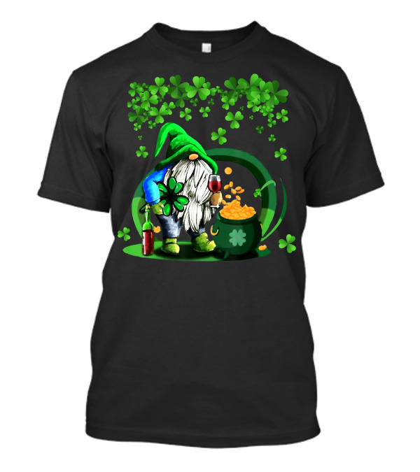 Gnome Wine Shamrock Clover Pot Of Gold St Patrick's Day T-Shirt