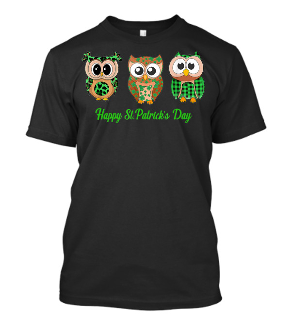 Happy St Patrick's Day Green Leopard Plaid Owls T-Shirt