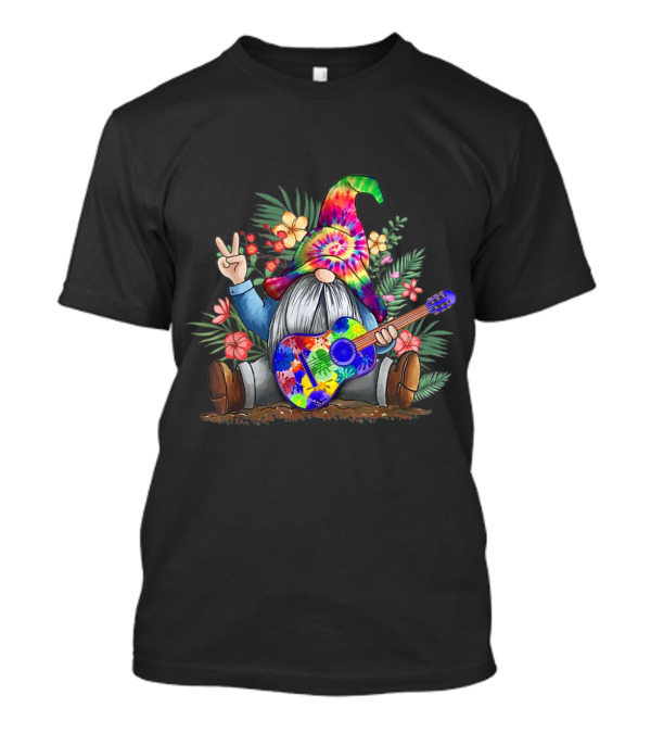 Hippie Gnome With Tie Dye Peace Sign And Floral Guitar T-Shirt