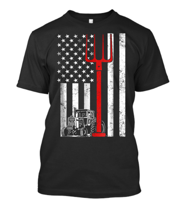 Farmer United State Tractor Pitchfork American Flag T-Shirt