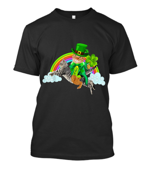 Leprechaun Cat With Clover Riding Cat Over Rainbow T-Shirt
