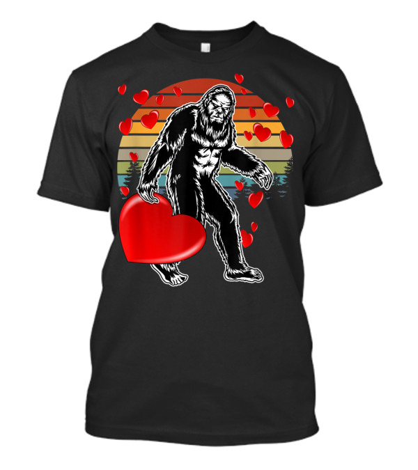 Funny Valentine Bigfoot With Big Heart Retro Sunset And Red Hearts T-Shirt