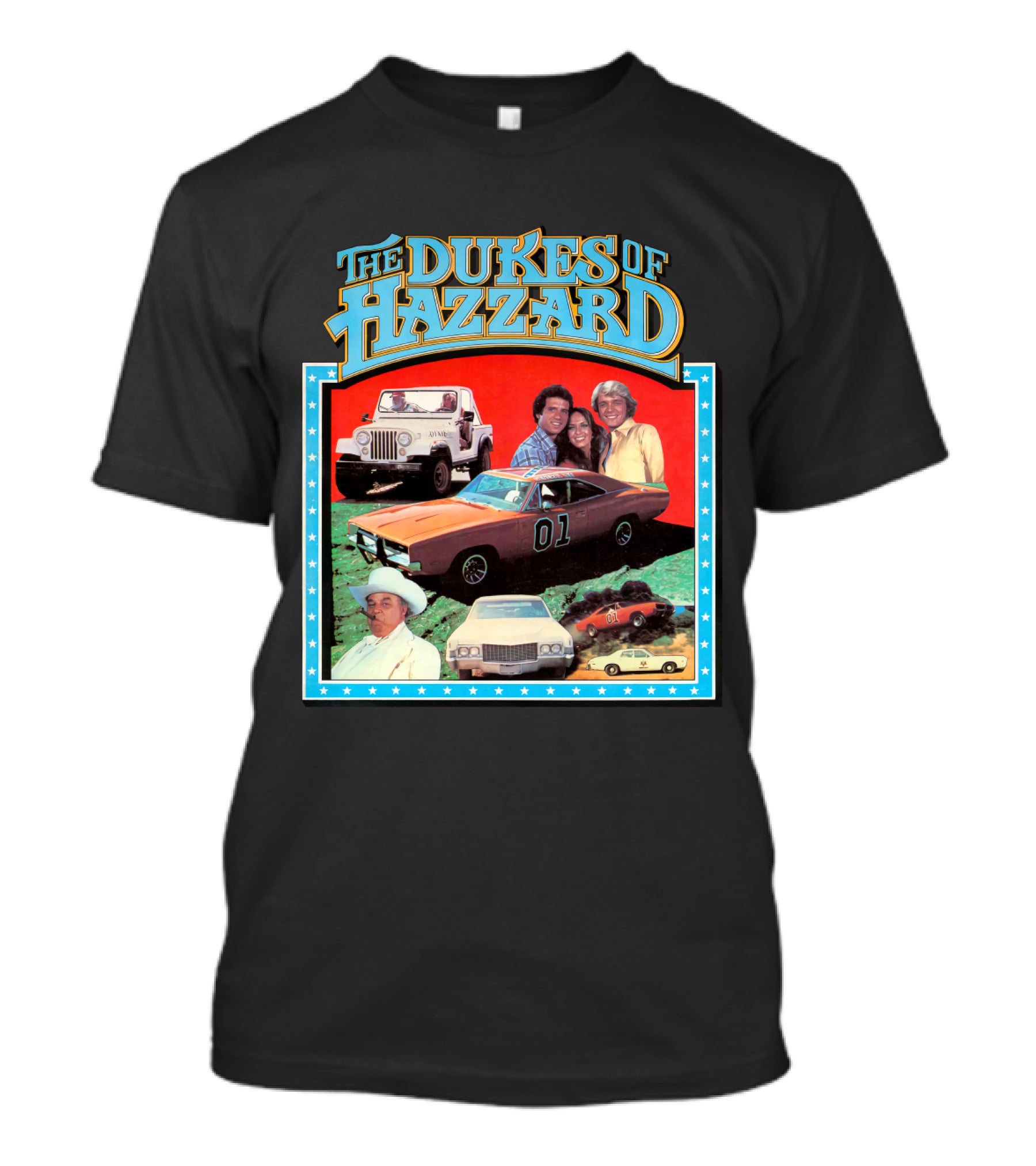 The Dukes Of Hazzard 01 Car And Characters With Jeep And Cowboy Hat T-Shirt