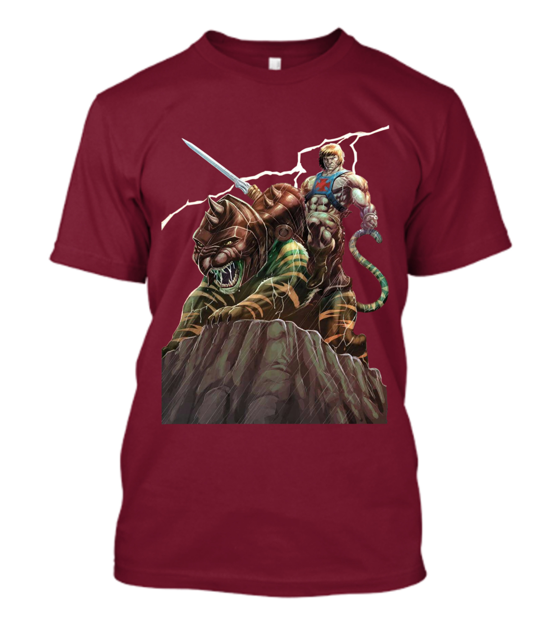 He Man Masters Of The Universe Sword And Battle Cat On Cliff With Lightning T-Shirt