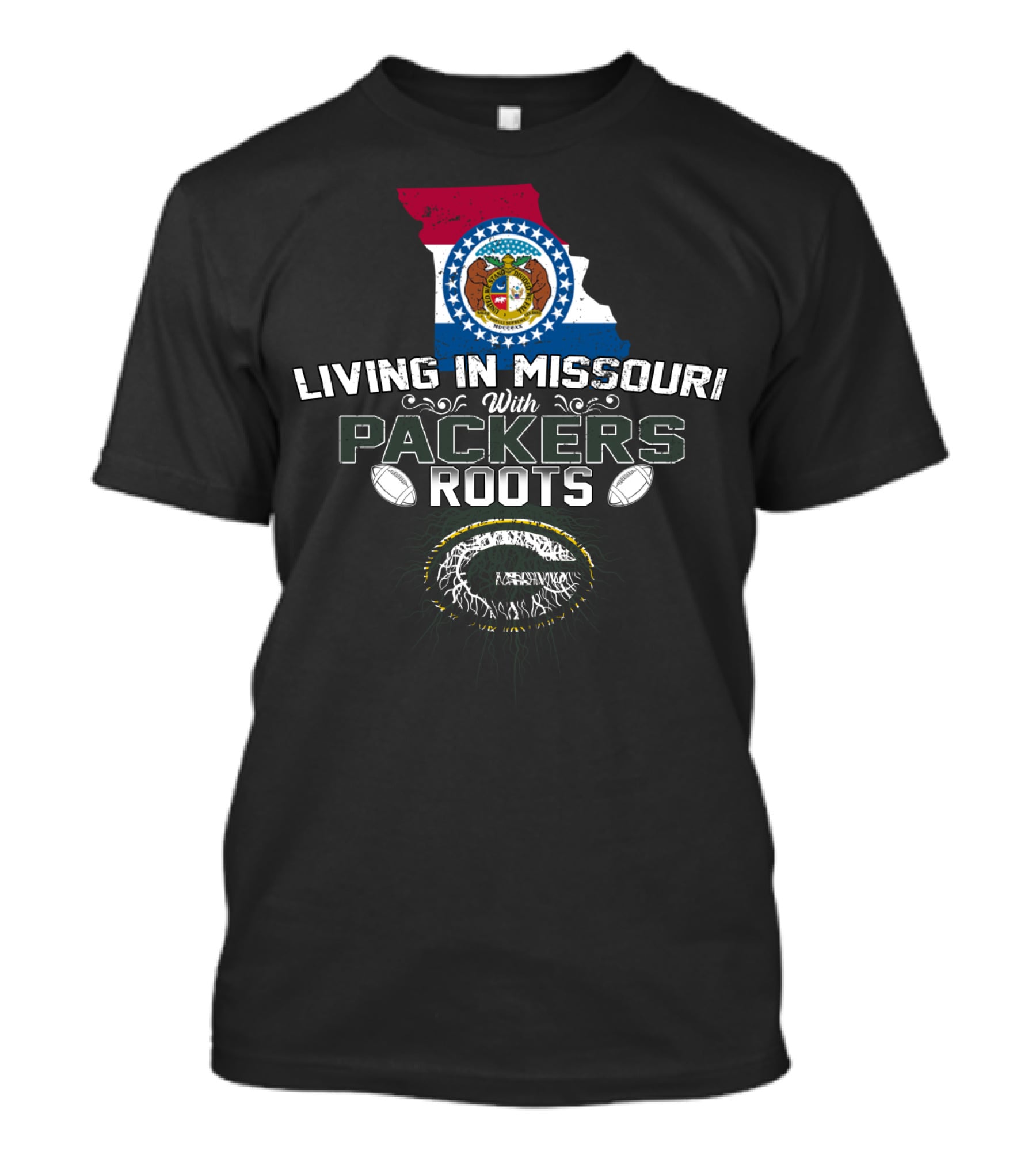 Living In Missouri Proudly Embracing Packers Roots With Football T-Shirt