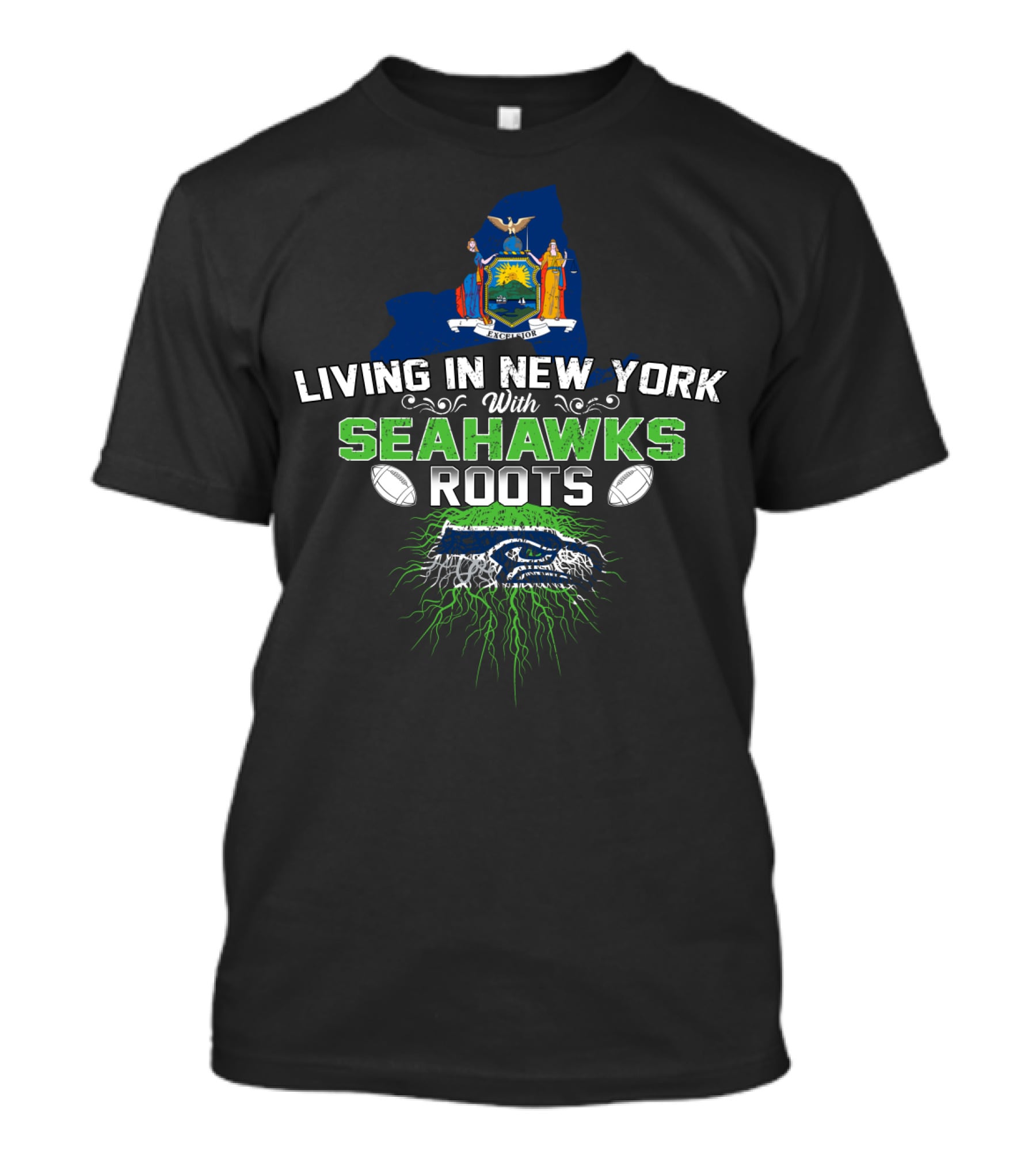 LIVING IN NEW YORK WITH SEAHAWKS ROOTS FOOTBALL PRIDE STATE FLAG BACKGROUND T-Shirt