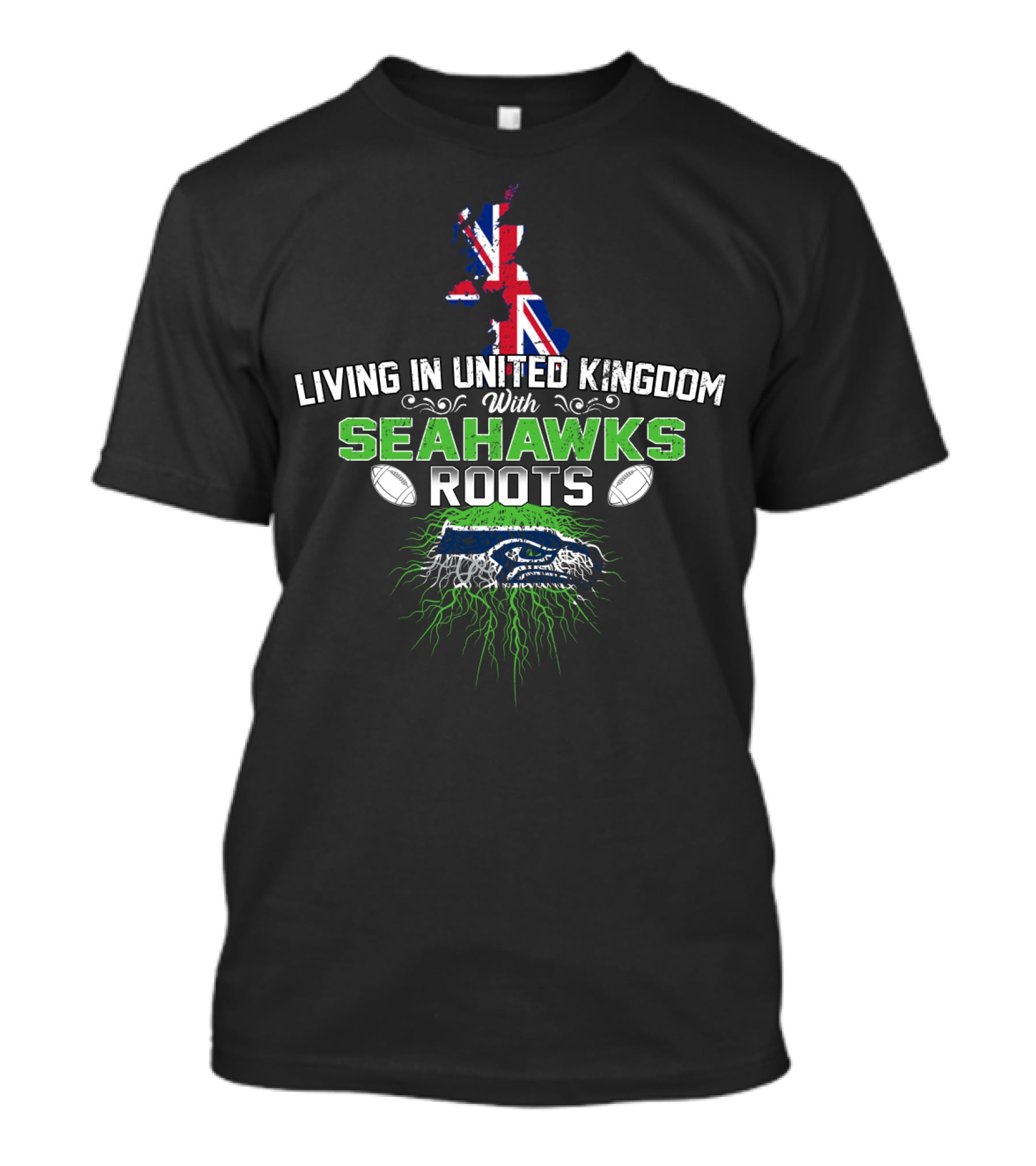 Living In United Kingdom With Seattle Seahawks Roots And UK Flag T-Shirt