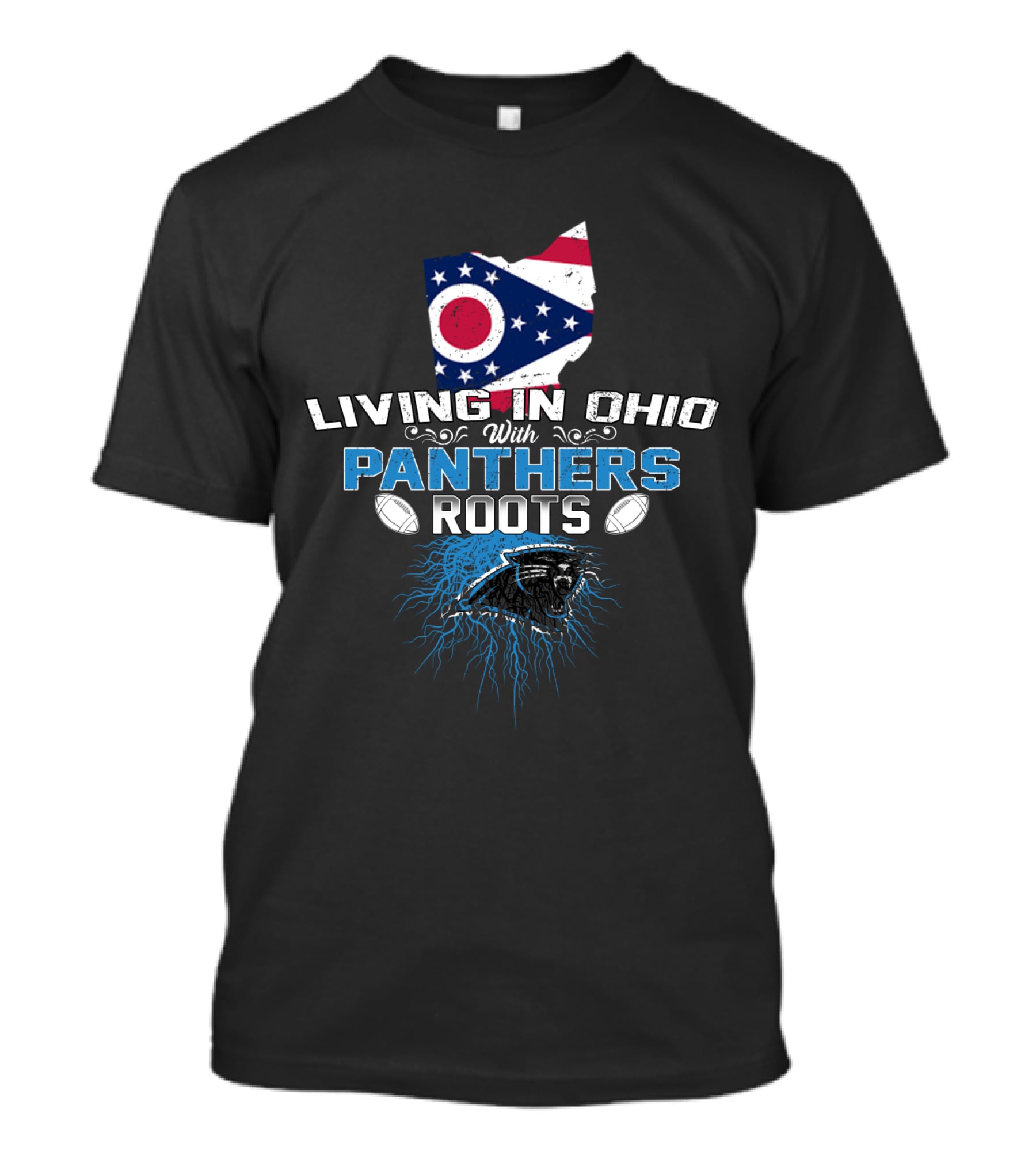 Living In Ohio With Panthers Roots Flag Map Football Panther Head T-Shirt