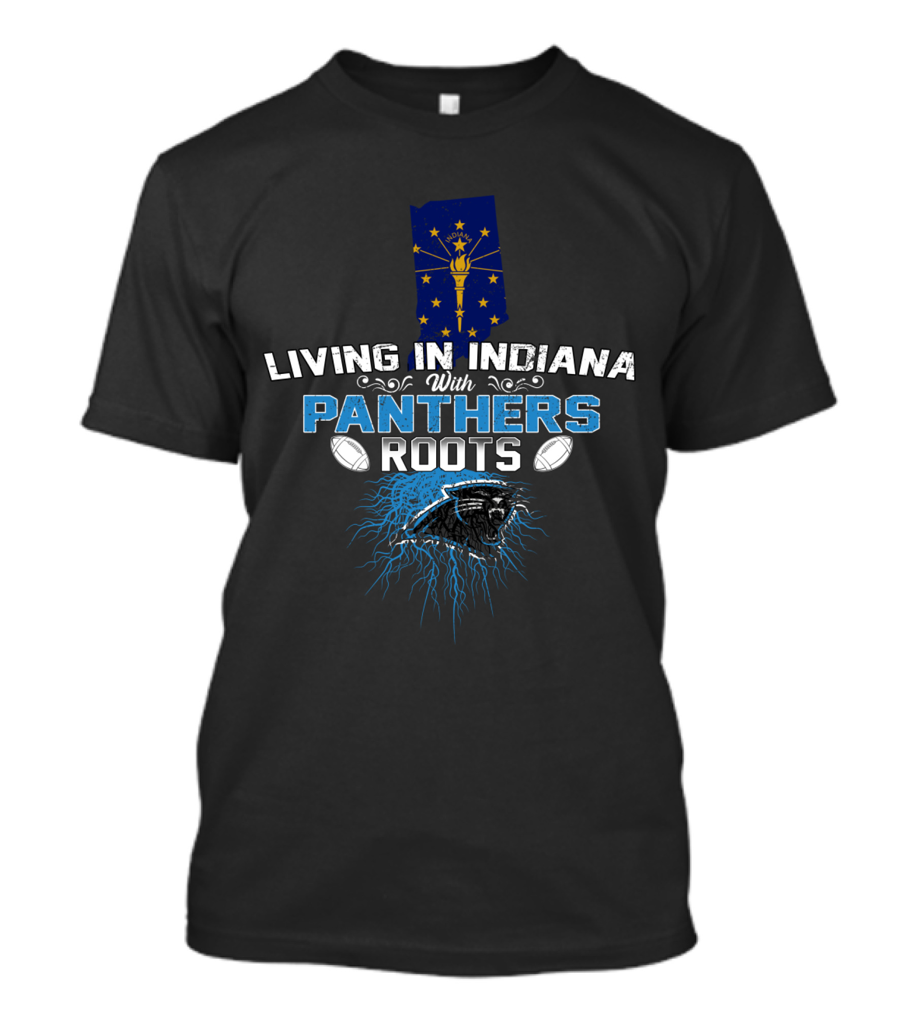 Living In Indiana With Panthers Roots Indiana Flag Football Team Inspiration T-Shirt