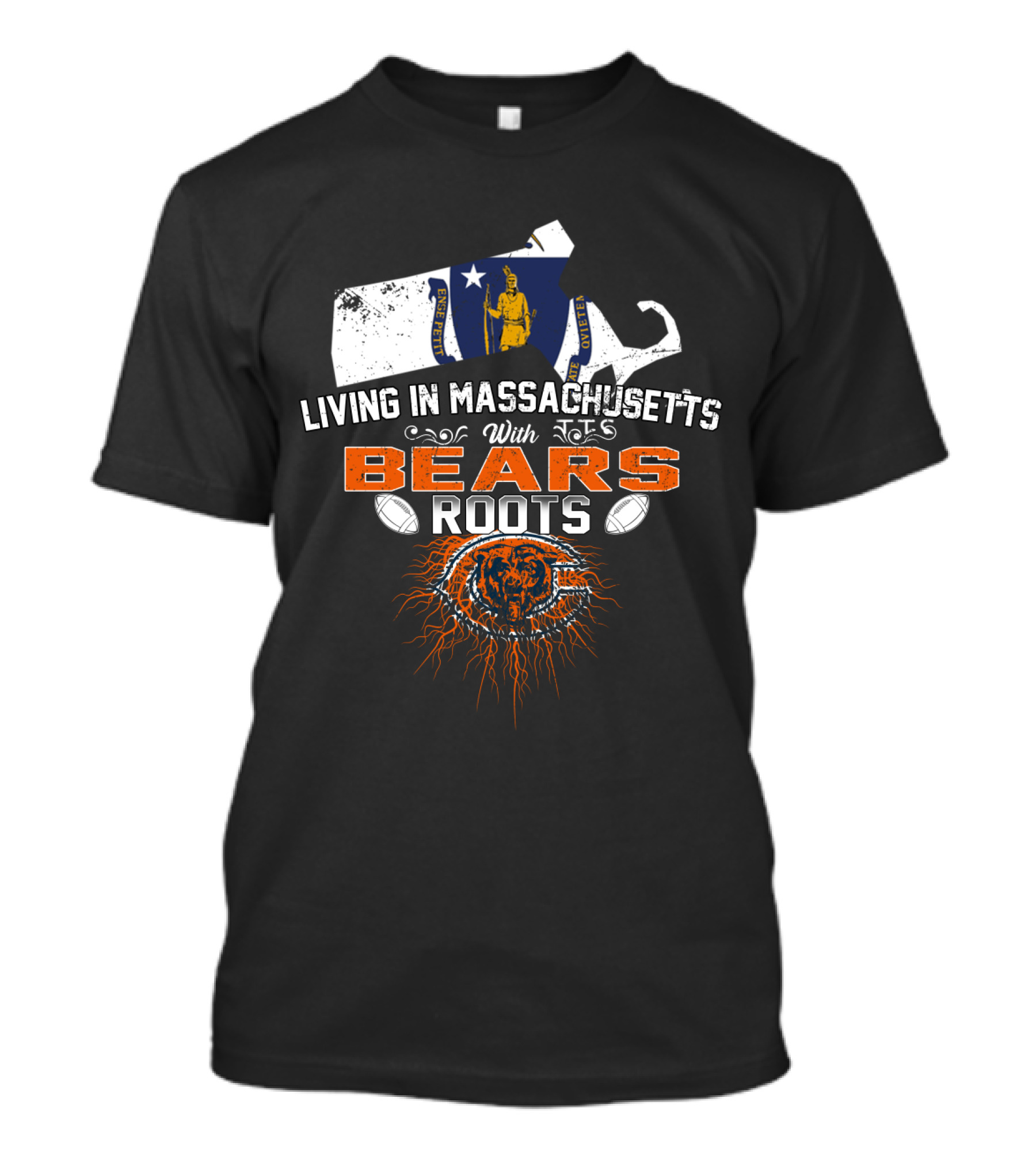Living In Massachusetts With Chicago Bears Roots Flag T-Shirt