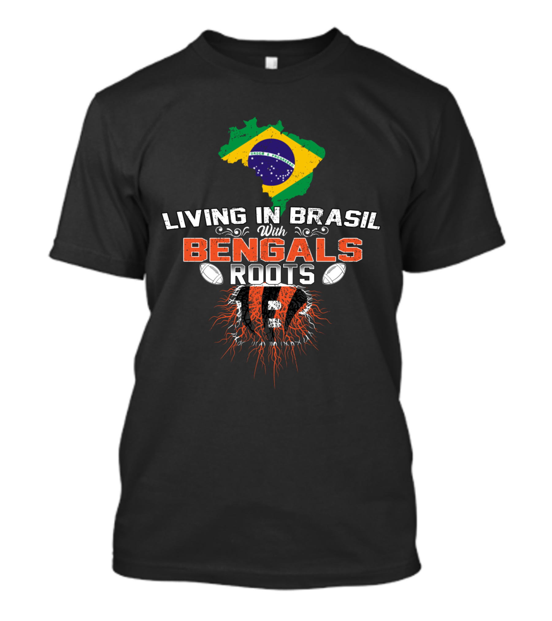 Living In Brasil With Bengals Roots Brazil Map Flag American Football T-Shirt