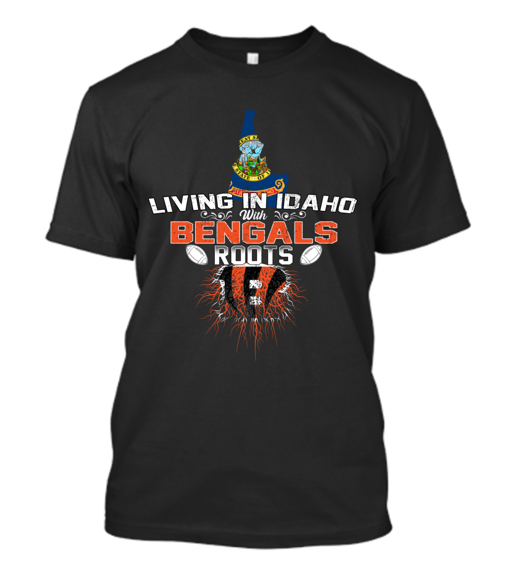 Living In Idaho With Bengals Roots Logo Football State Map T-Shirt
