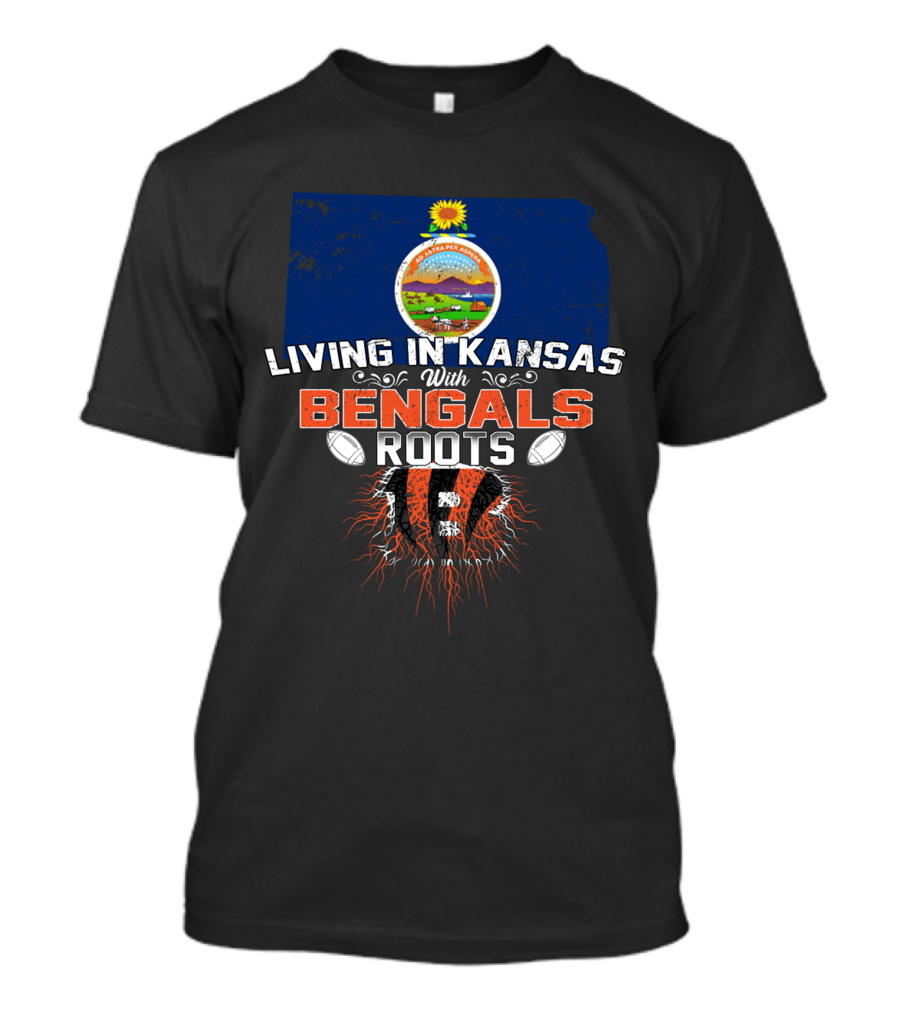 Living In Kansas With Bengals Roots Kansas State Flag Cincinnati Bengals Football Roots T-Shirt