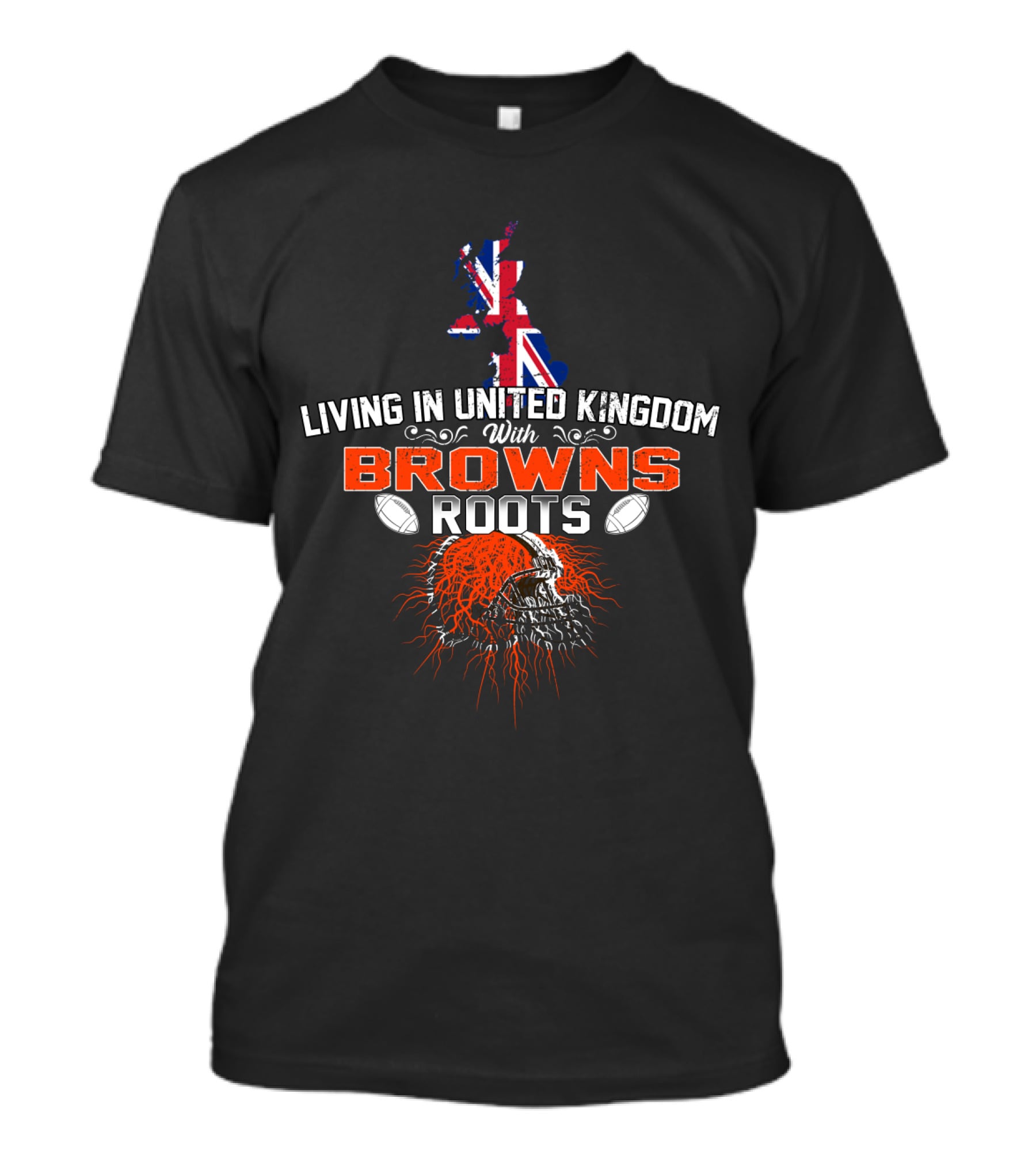 Living In United Kingdom With Browns Roots Union Jack Football Skull T-Shirt