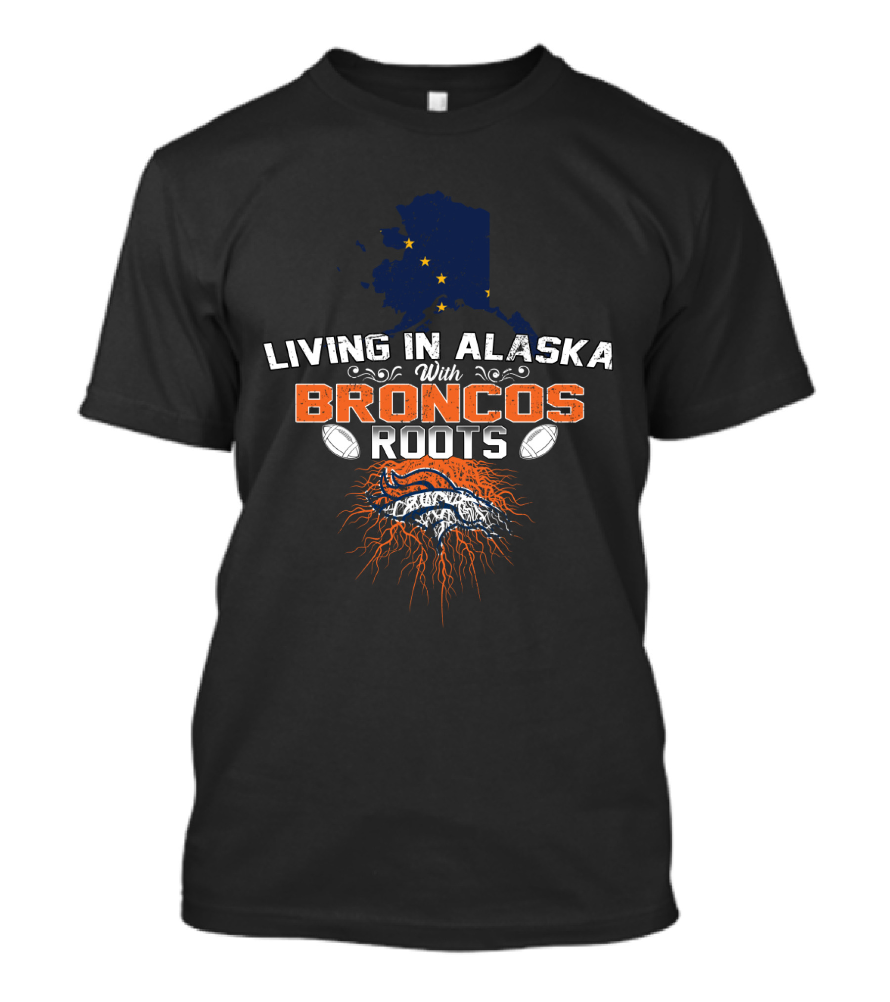 Living In Alaska With Broncos Roots Denver Football And Alaska Map T-Shirt