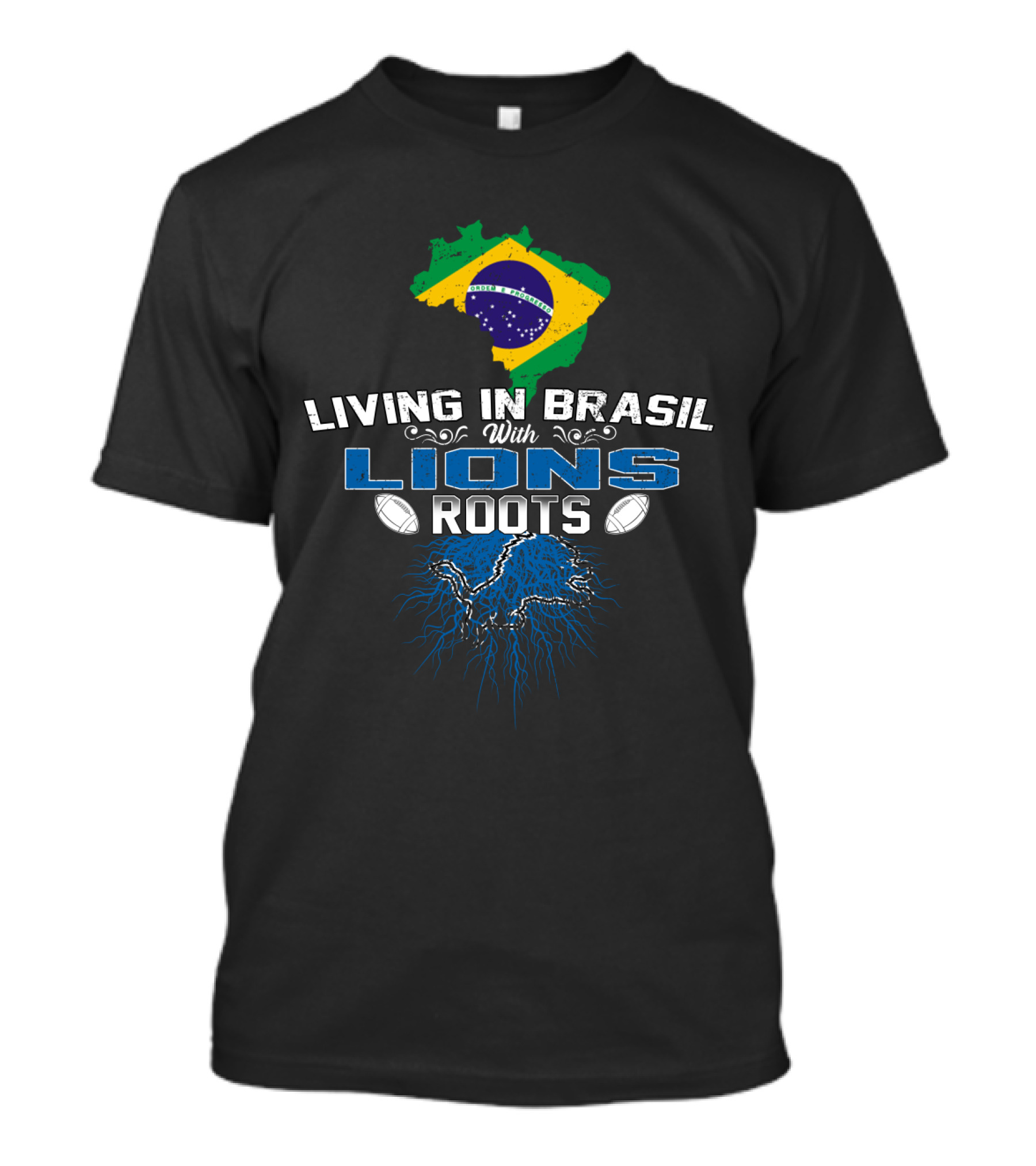 Living In Brasil With Detroit Lions Roots And Brazil Flag T-Shirt