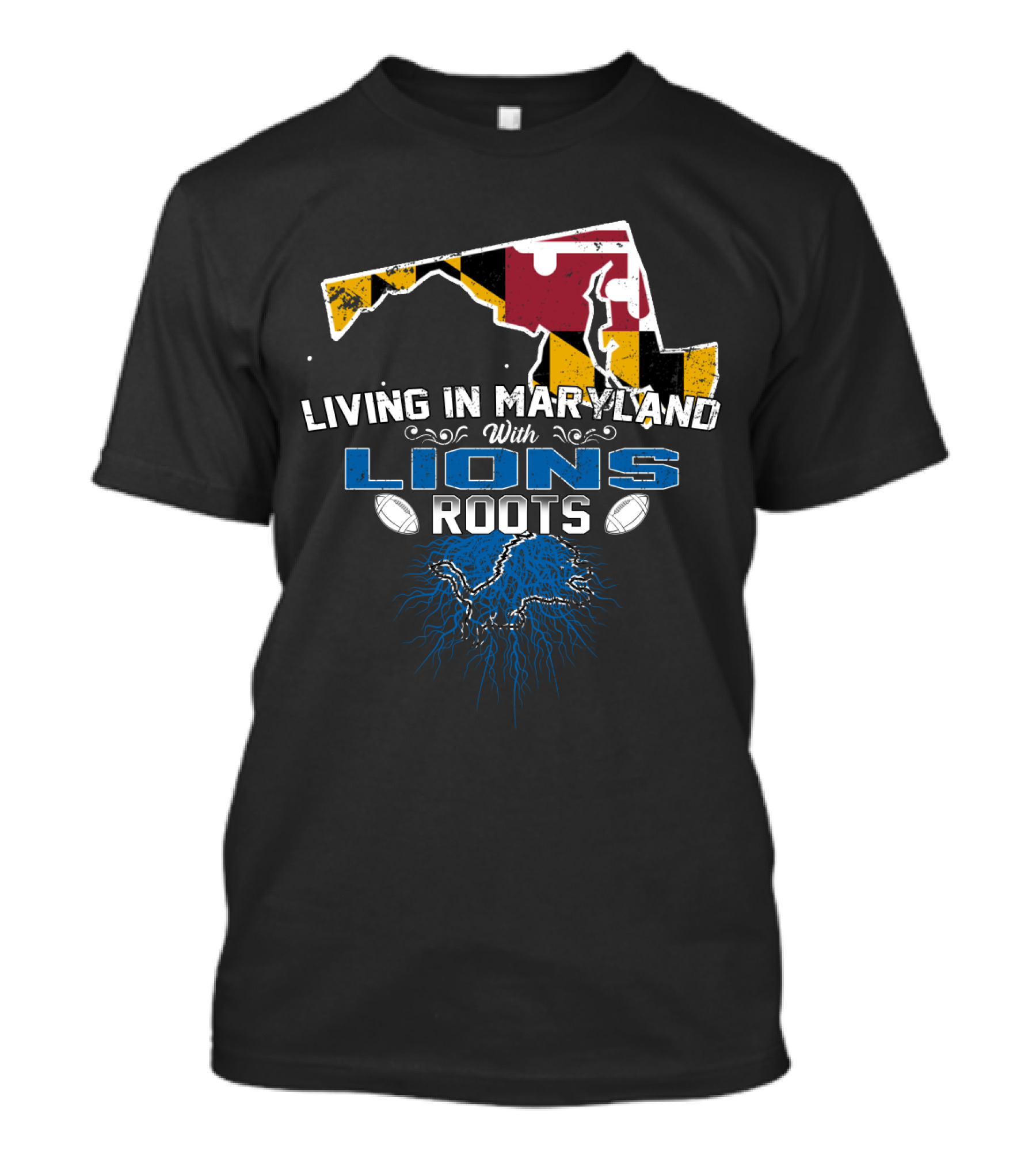 Living In Maryland With Detroit Lions Roots And Maryland Flag Outline T-Shirt