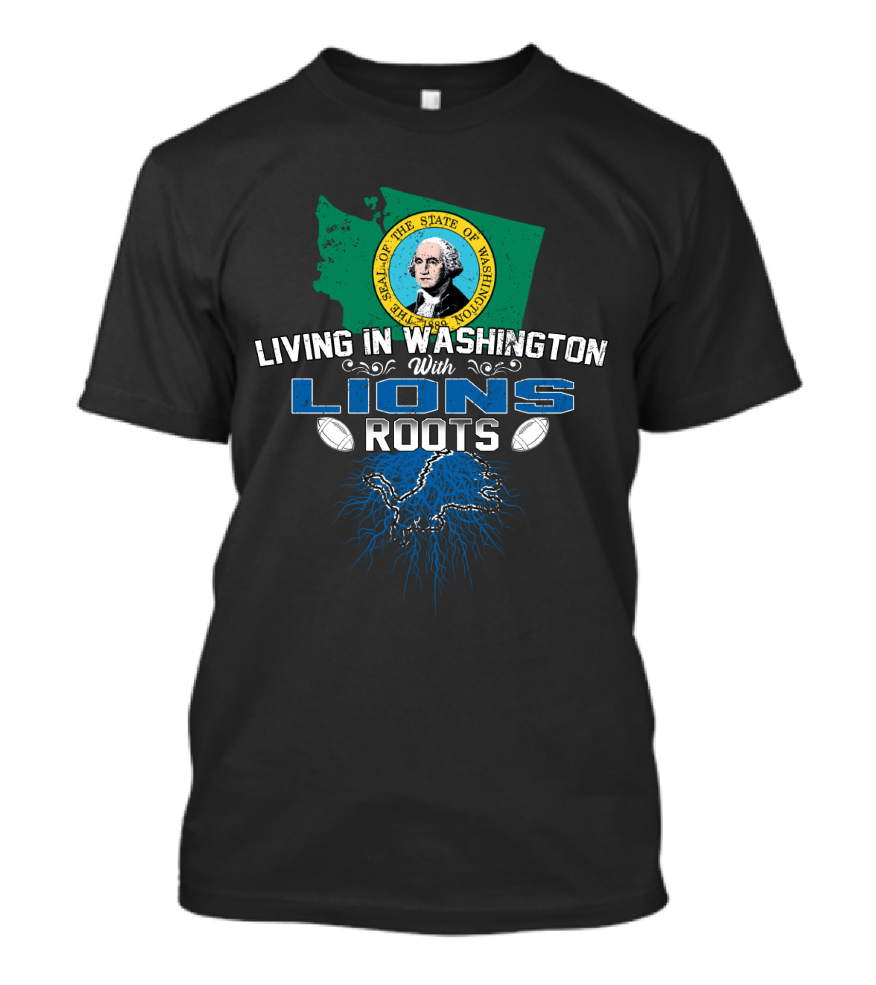 Living In Washington With Lions Roots Football State Map Seal T-Shirt