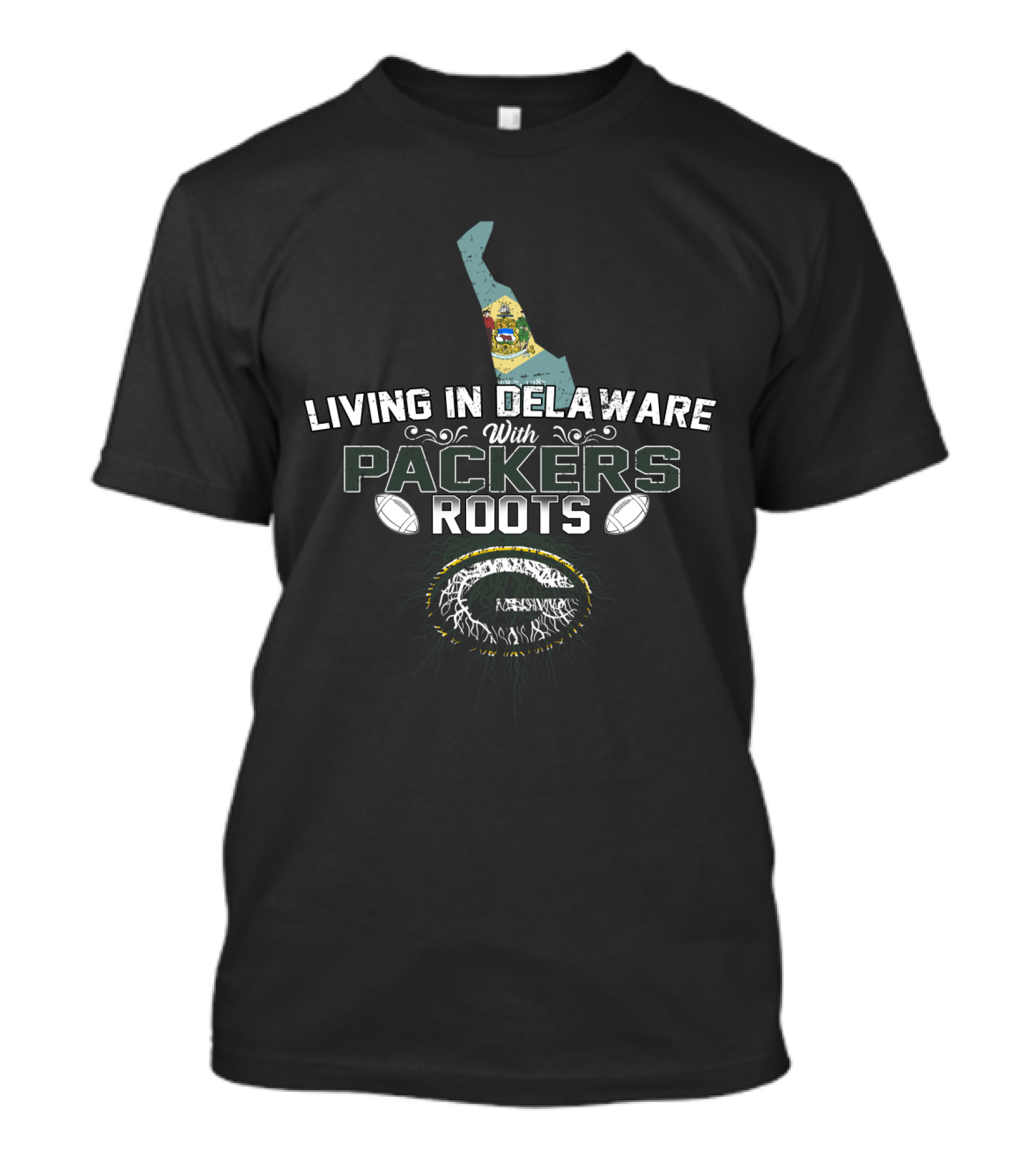 Living In Delaware With Packers Roots Football Heritage Map T-Shirt