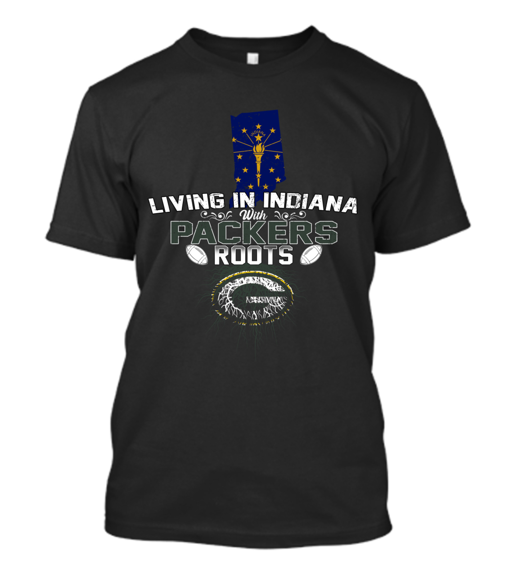 Living In Indiana With Packers Roots Featuring Indiana State Flag And Football Iconography T-Shirt