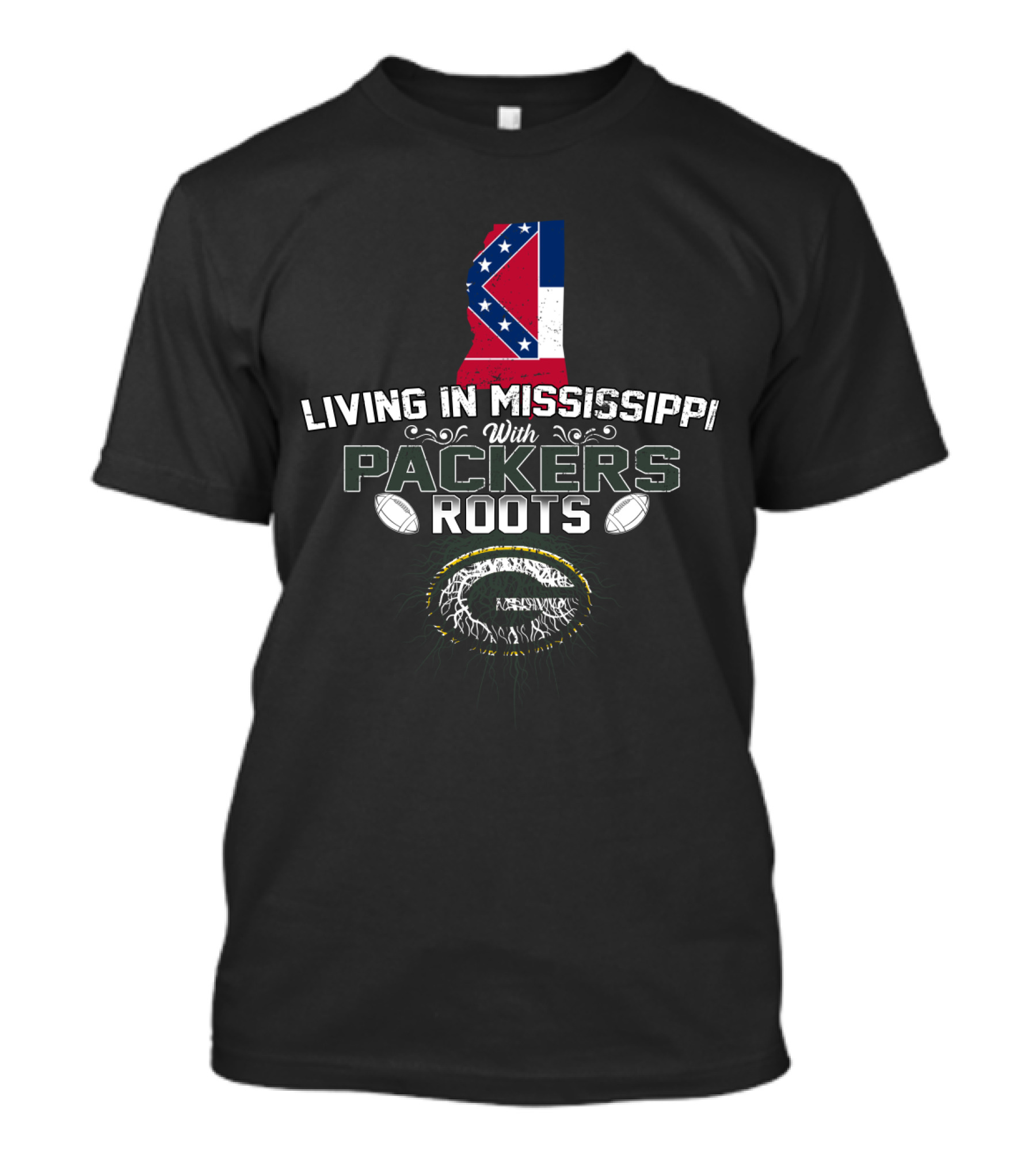 Living In Mississippi With Packers Roots Confederate Flag And Green Bay Packers T-Shirt