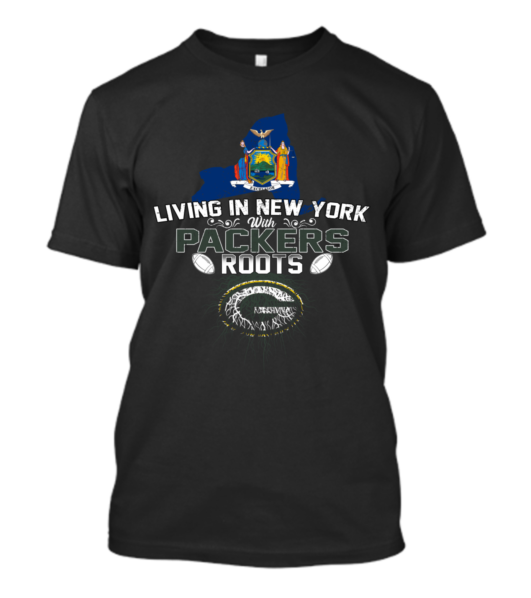 Living In New York With Packers Roots New York State Emblem And Green Bay Football Lover T-Shirt