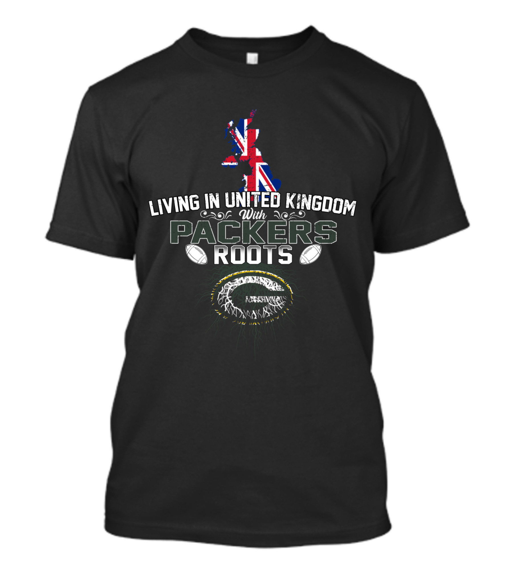 Living In United Kingdom With Packers Roots Football Heritage Union Jack Map T-Shirt
