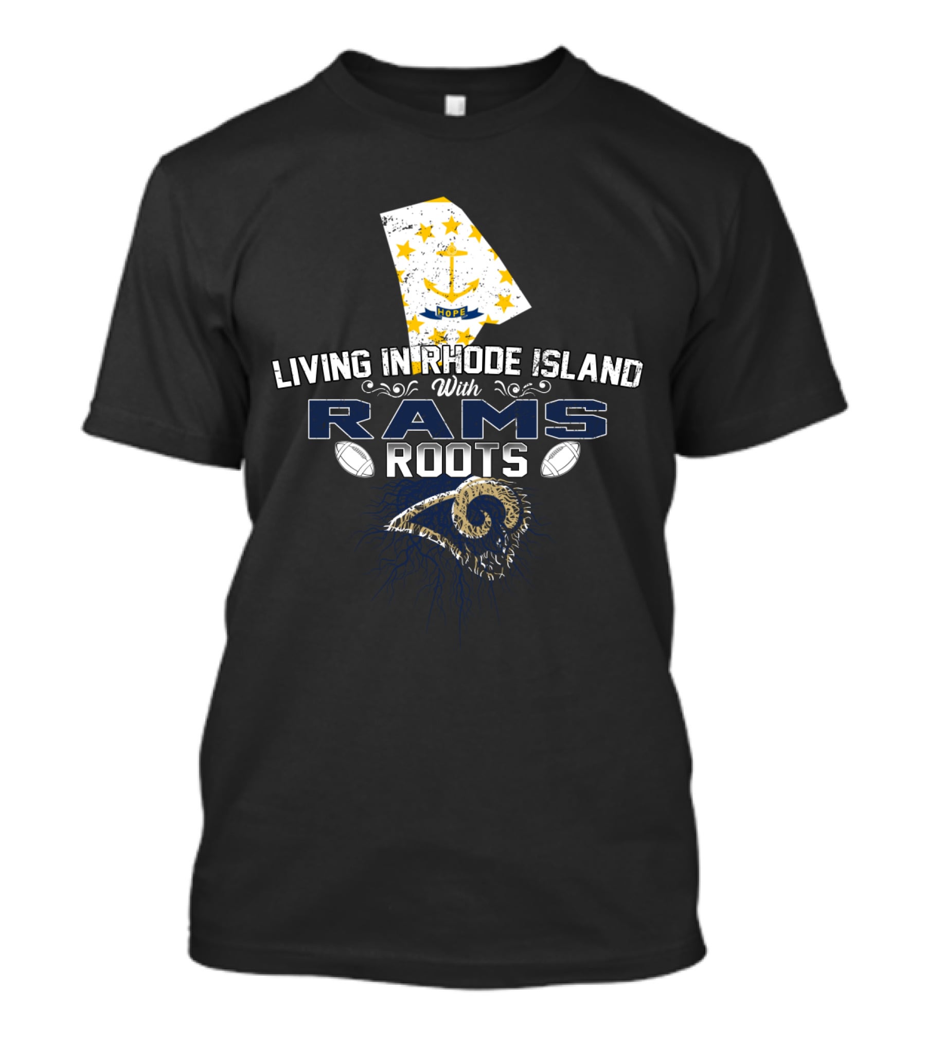 Living In Rhode Island With Rams Roots Anchored In Football Spirit T-Shirt