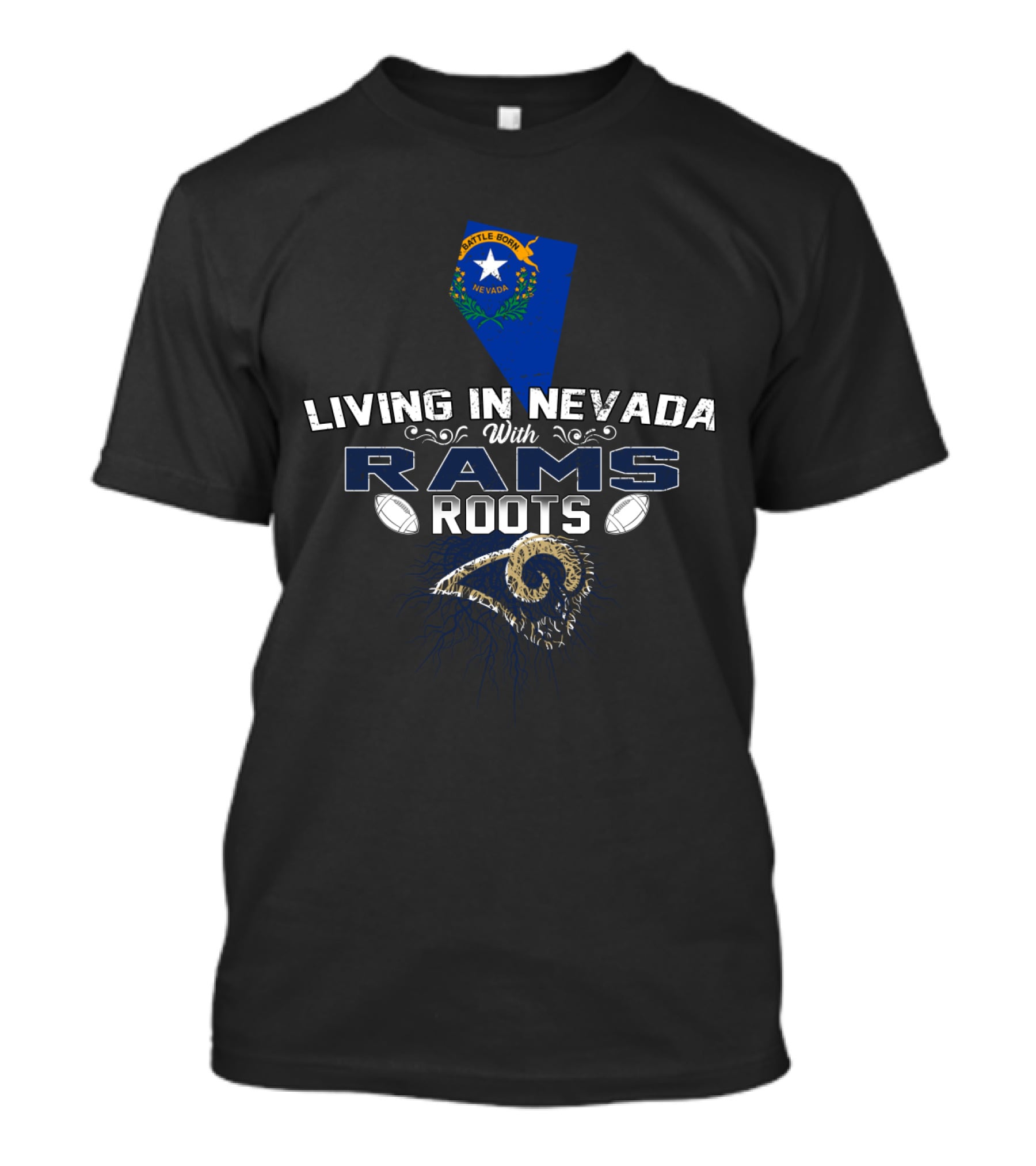 Living In Nevada With Rams Roots Nevada State Flag And Football Elements T-Shirt