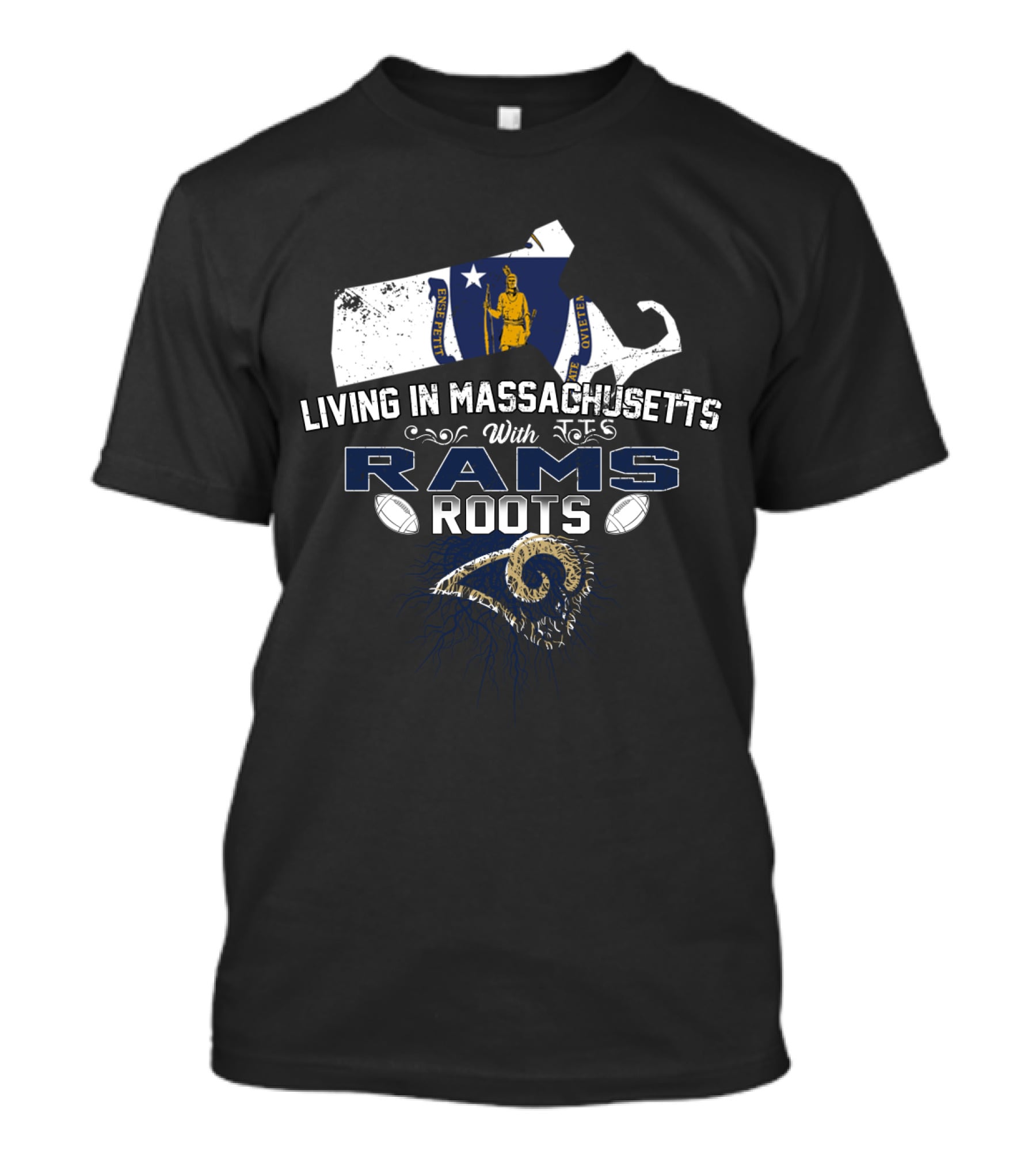 Living In Massachusetts With Rams Roots Massachusetts Map And Rams T-Shirt