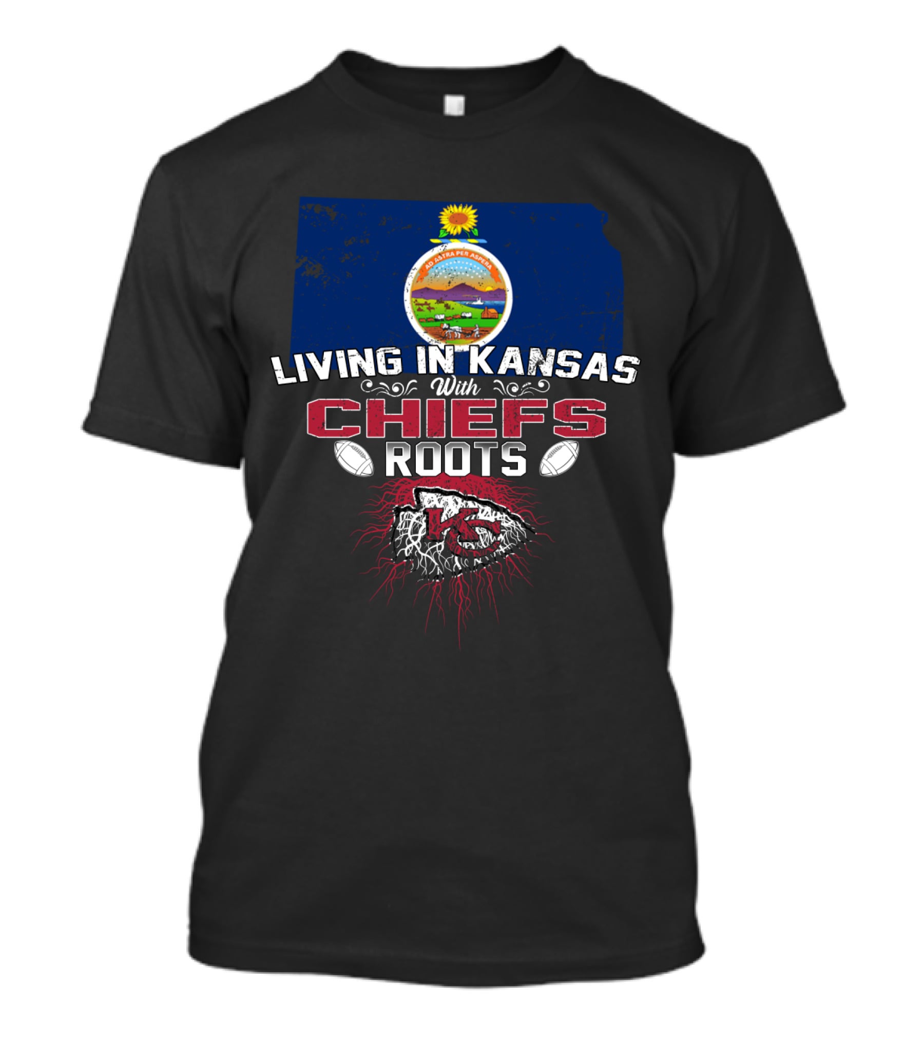 Living In Kansas With Chiefs Roots Kansas State Map Football Heritage T-Shirt