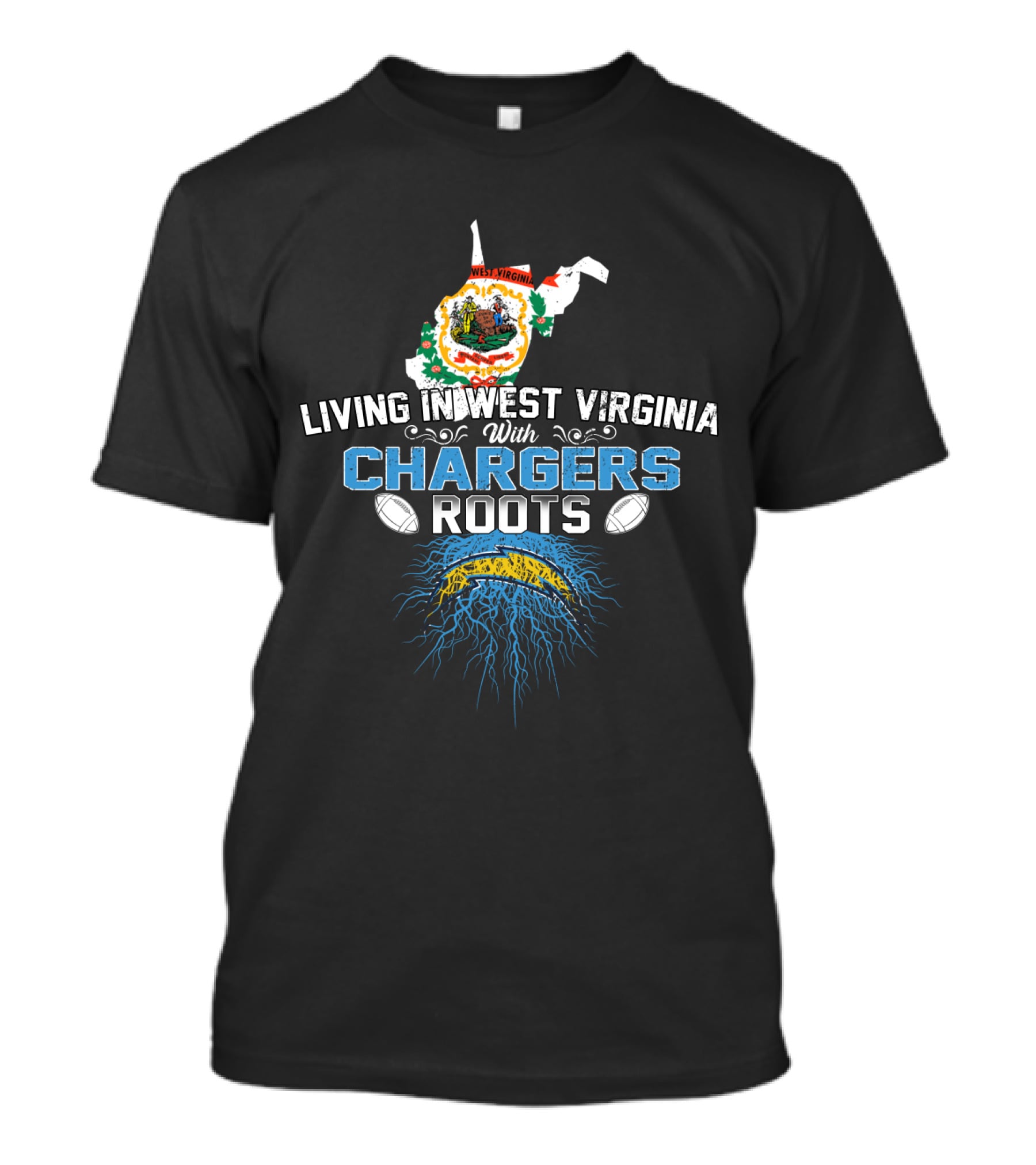 Living In West Virginia With Chargers Roots Map Design And Football Elements T-Shirt