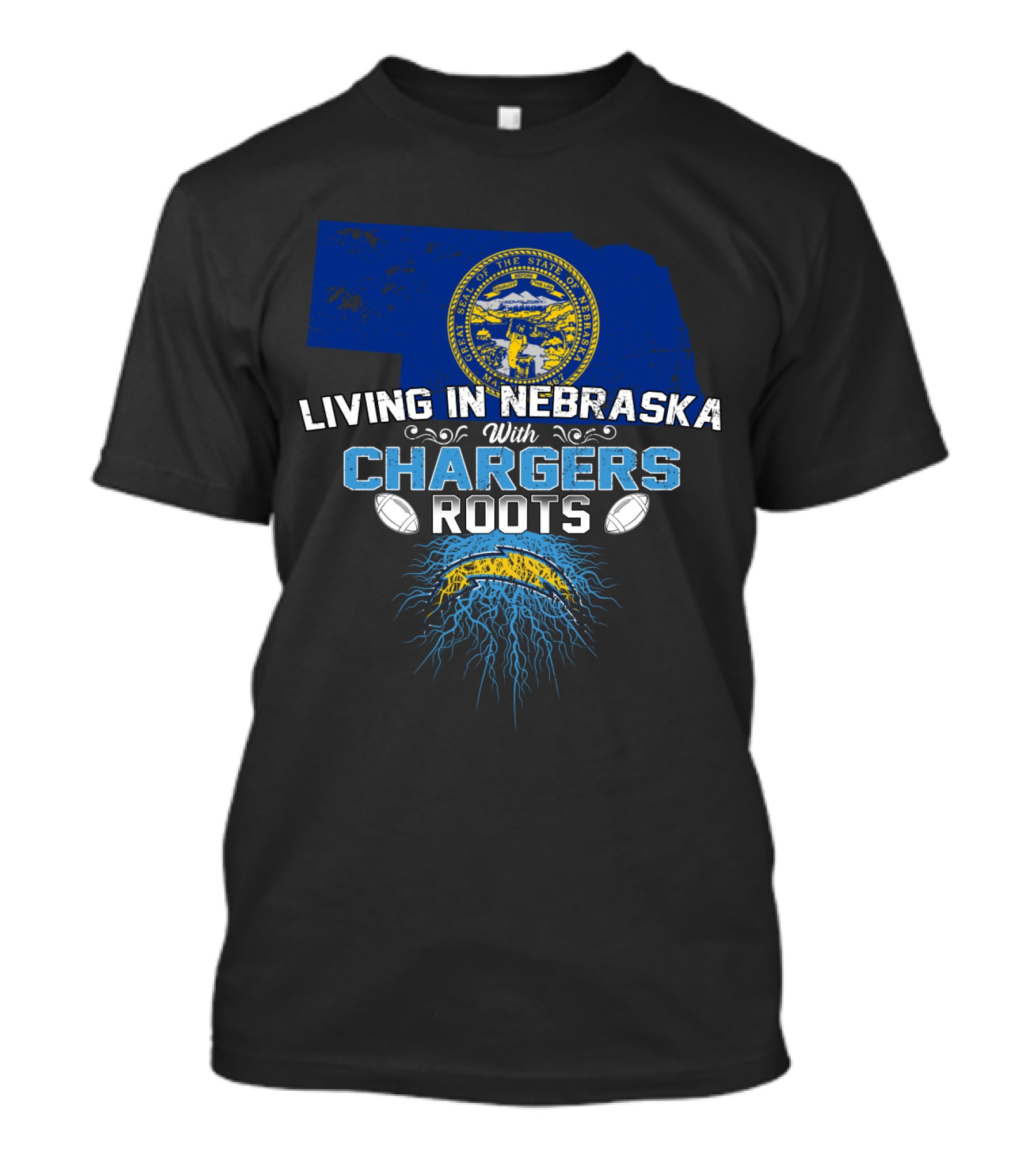 Living In Nebraska With Chargers Roots Nebraska State Seal Chargers Football T-Shirt