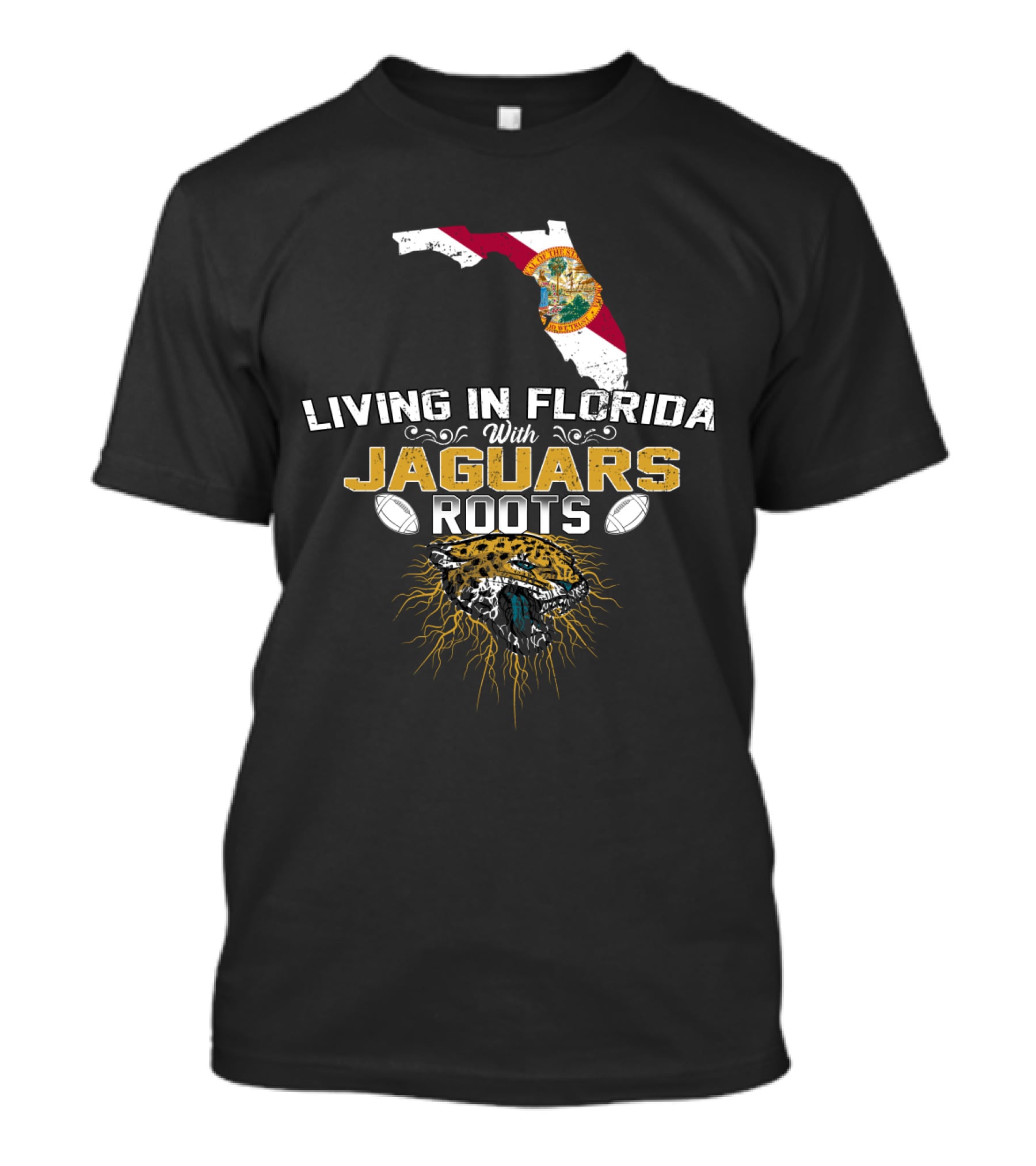 Living In Florida With Jaguars Roots Florida Map And Jaguar Head T-Shirt