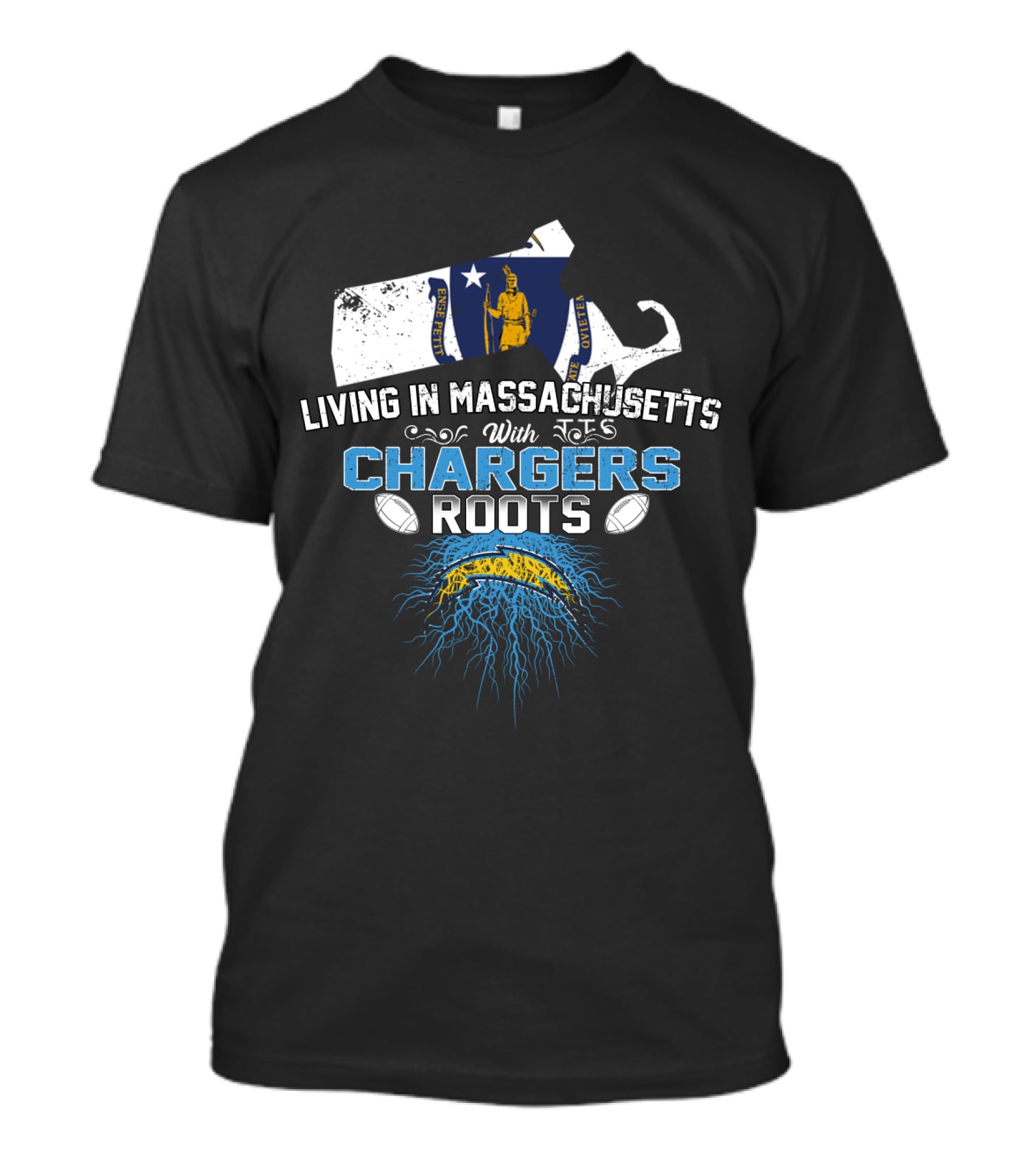 Living In Massachusetts With Chargers Roots And State Outline T-Shirt
