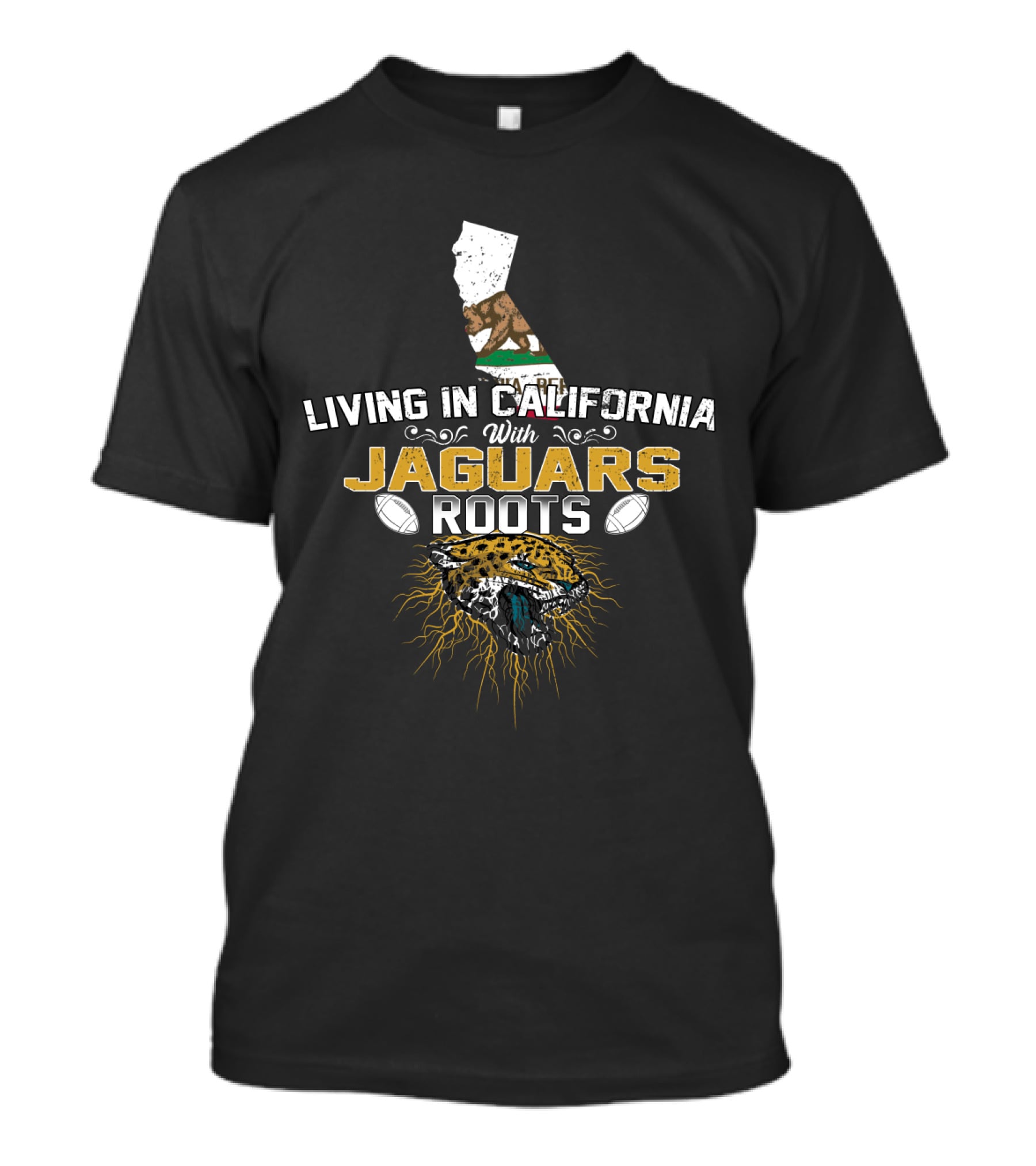 Living In California With Jaguars Roots Football Motif And State Outline T-Shirt